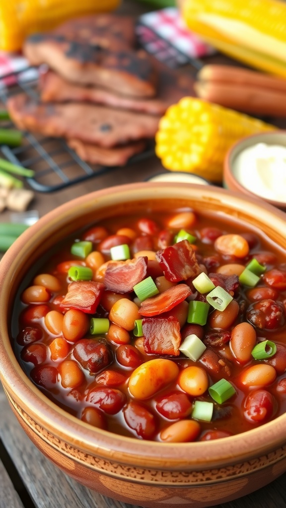 A bowl of smoky barbecue baked beans garnished with green onions and bacon, surrounded by grilled meats and corn on the cob.